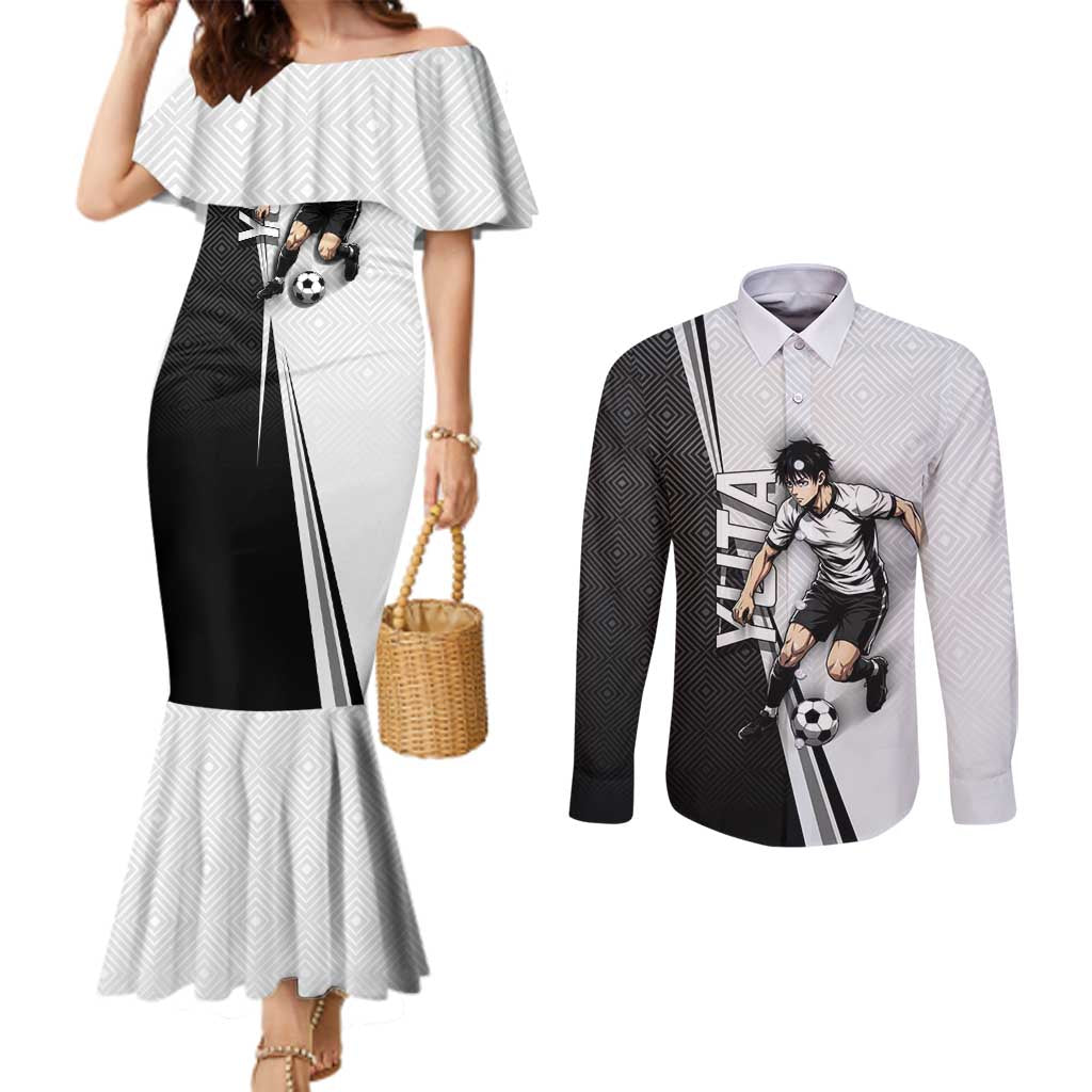 Personalized Okkotsu Yuta Jujutsu Kaisen Soccer Couples Matching Mermaid Dress and Long Sleeve Button Shirt with Dribbling Action Pose and Monochrome Geometric Graphic Design - The Mazicc