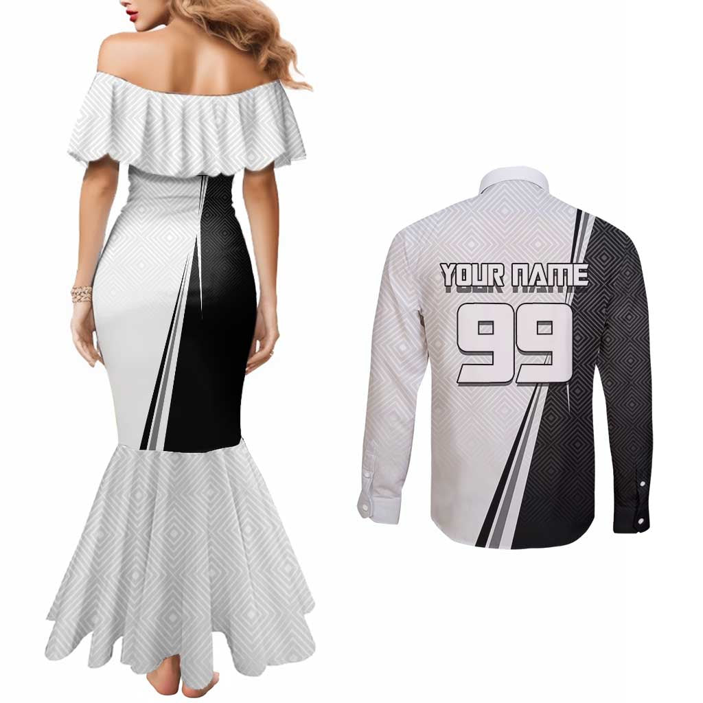 Personalized Okkotsu Yuta Jujutsu Kaisen Soccer Couples Matching Mermaid Dress and Long Sleeve Button Shirt with Dribbling Action Pose and Monochrome Geometric Graphic Design - The Mazicc