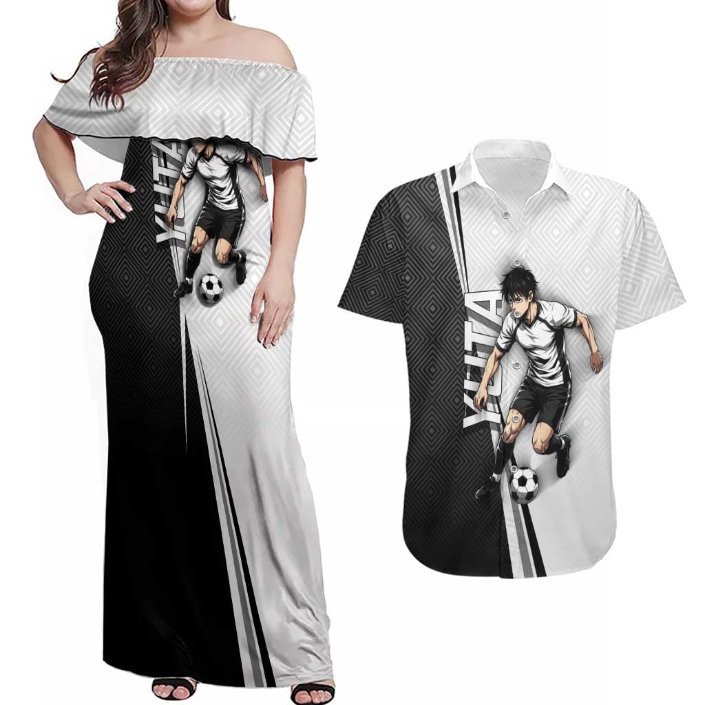 Personalized Okkotsu Yuta Jujutsu Kaisen Soccer Couples Matching Off Shoulder Maxi Dress and Hawaiian Shirt with Dribbling Action Pose and Monochrome Geometric Graphic Design - The Mazicc