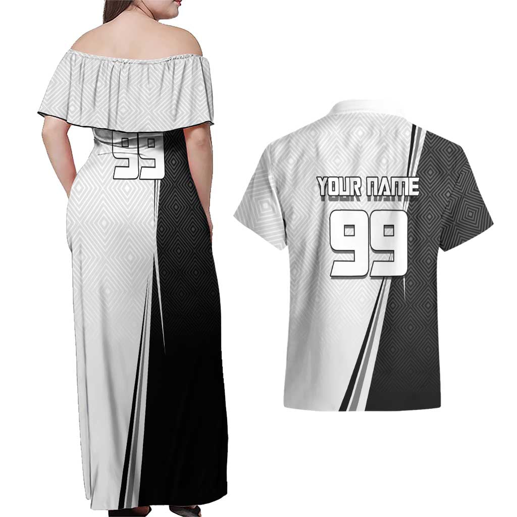 Personalized Okkotsu Yuta Jujutsu Kaisen Soccer Couples Matching Off Shoulder Maxi Dress and Hawaiian Shirt with Dribbling Action Pose and Monochrome Geometric Graphic Design - The Mazicc