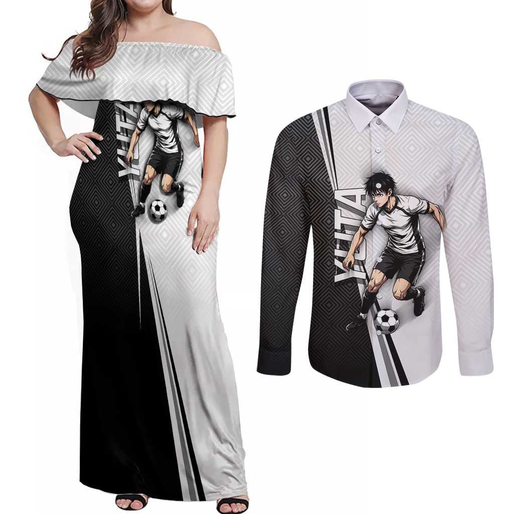 Personalized Okkotsu Yuta Jujutsu Kaisen Soccer Couples Matching Off Shoulder Maxi Dress and Long Sleeve Button Shirt with Dribbling Action Pose and Monochrome Geometric Graphic Design - The Mazicc