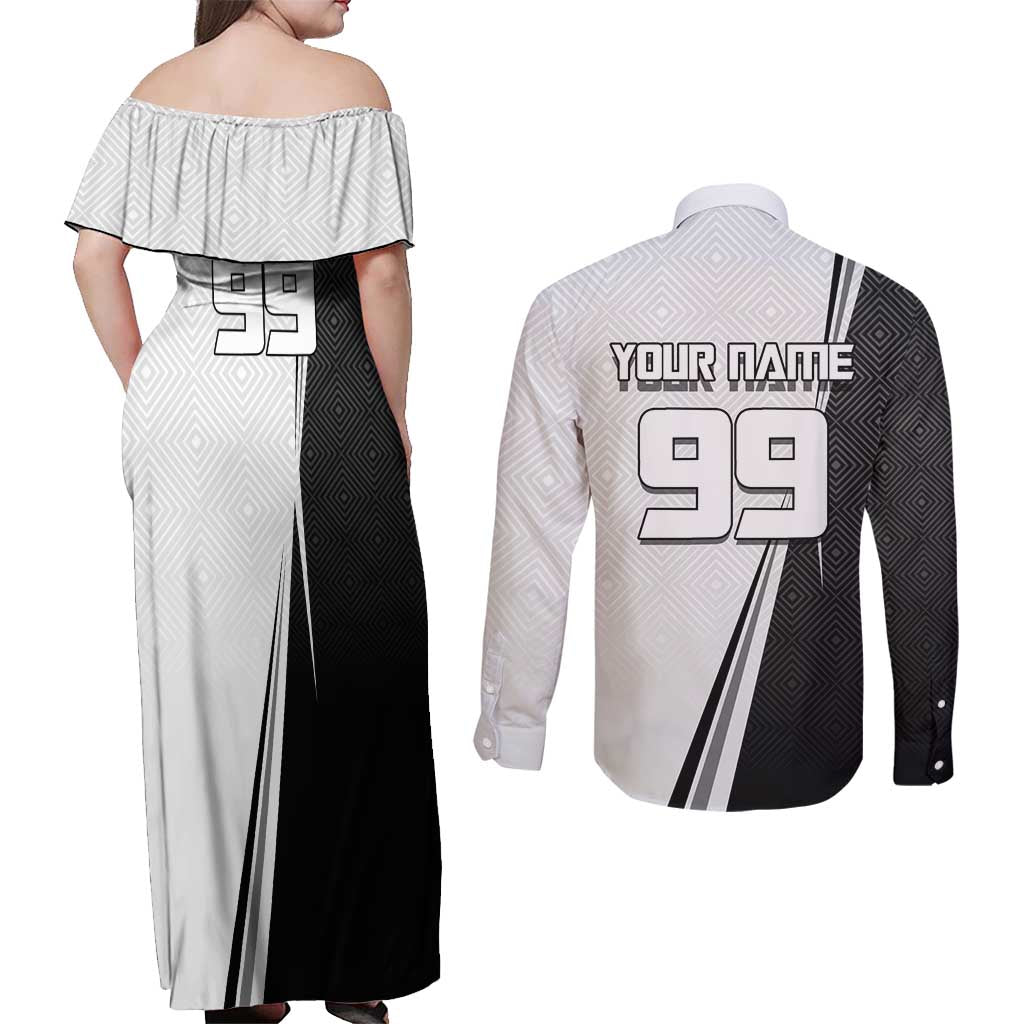 Personalized Okkotsu Yuta Jujutsu Kaisen Soccer Couples Matching Off Shoulder Maxi Dress and Long Sleeve Button Shirt with Dribbling Action Pose and Monochrome Geometric Graphic Design - The Mazicc