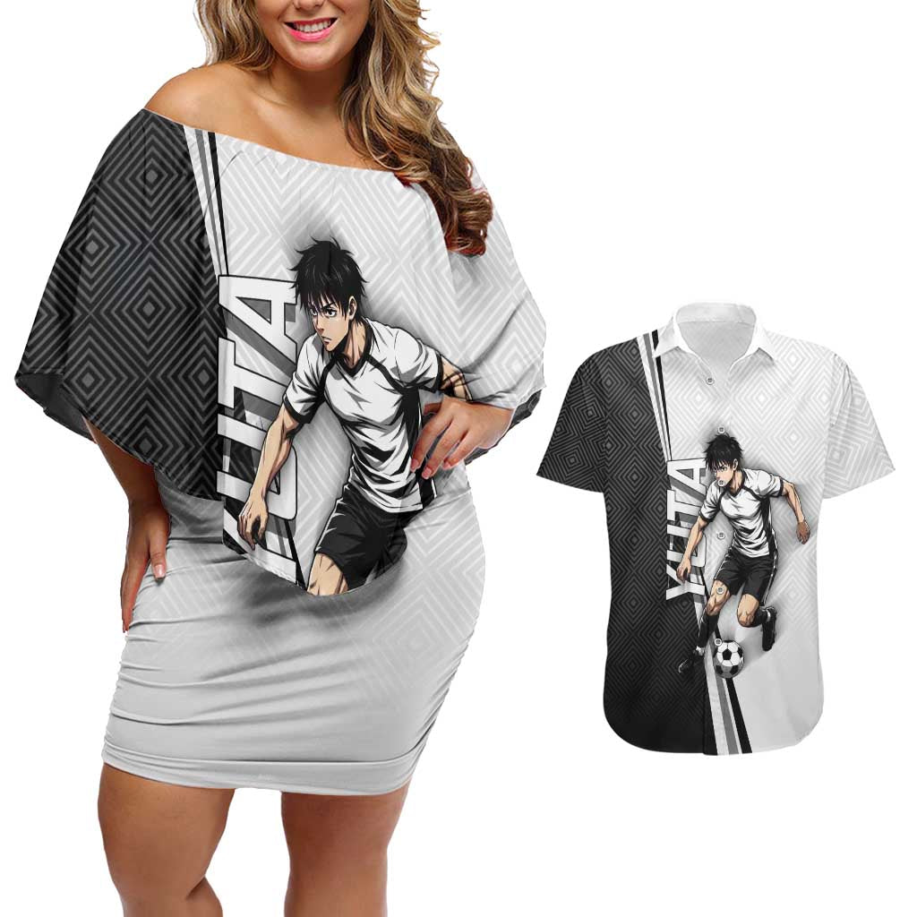 Personalized Okkotsu Yuta Jujutsu Kaisen Soccer Couples Matching Off Shoulder Short Dress and Hawaiian Shirt with Dribbling Action Pose and Monochrome Geometric Graphic Design - The Mazicc