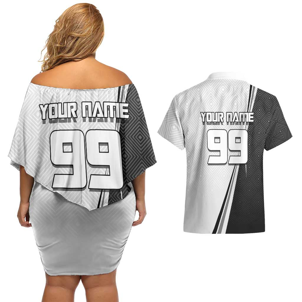 Personalized Okkotsu Yuta Jujutsu Kaisen Soccer Couples Matching Off Shoulder Short Dress and Hawaiian Shirt with Dribbling Action Pose and Monochrome Geometric Graphic Design - The Mazicc
