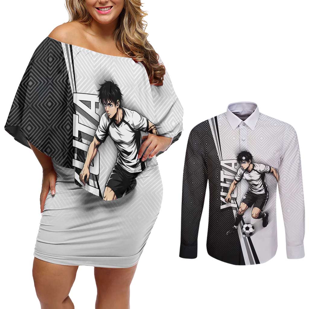 Personalized Okkotsu Yuta Jujutsu Kaisen Soccer Couples Matching Off Shoulder Short Dress and Long Sleeve Button Shirt with Dribbling Action Pose and Monochrome Geometric Graphic Design - The Mazicc