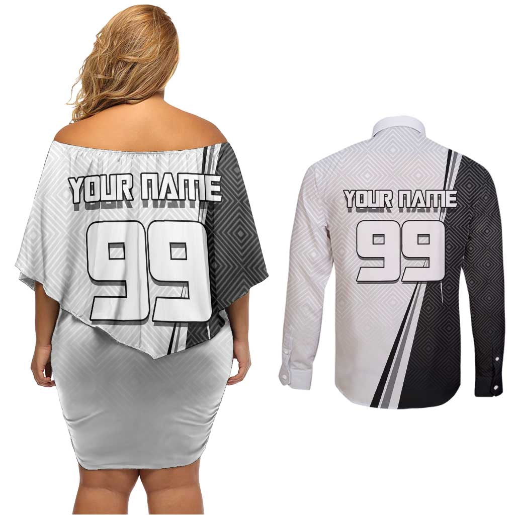 Personalized Okkotsu Yuta Jujutsu Kaisen Soccer Couples Matching Off Shoulder Short Dress and Long Sleeve Button Shirt with Dribbling Action Pose and Monochrome Geometric Graphic Design - The Mazicc