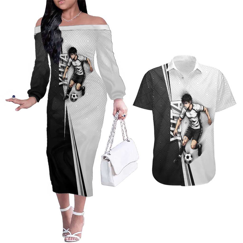 Personalized Okkotsu Yuta Jujutsu Kaisen Soccer Couples Matching Off The Shoulder Long Sleeve Dress and Hawaiian Shirt with Dribbling Action Pose and Monochrome Geometric Graphic Design - The Mazicc