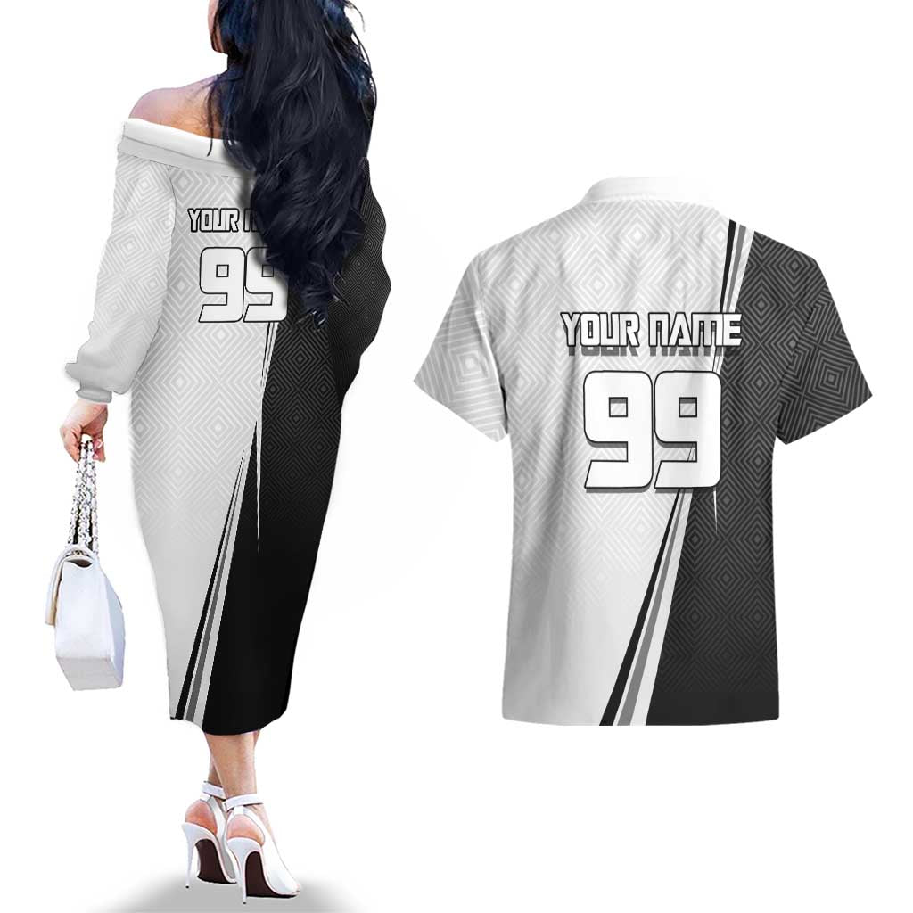 Personalized Okkotsu Yuta Jujutsu Kaisen Soccer Couples Matching Off The Shoulder Long Sleeve Dress and Hawaiian Shirt with Dribbling Action Pose and Monochrome Geometric Graphic Design - The Mazicc