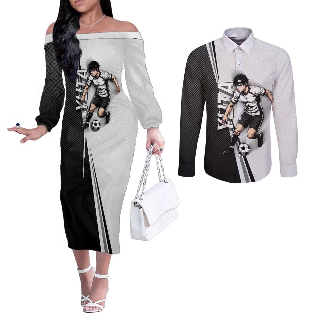 Personalized Okkotsu Yuta Jujutsu Kaisen Soccer Couples Matching Off The Shoulder Long Sleeve Dress and Long Sleeve Button Shirt with Dribbling Action Pose and Monochrome Geometric Graphic Design - The Mazicc
