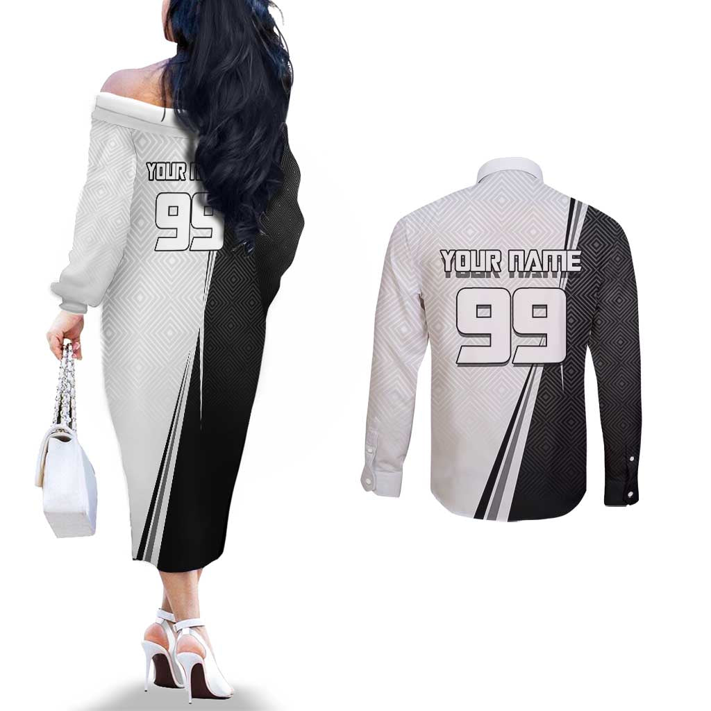 Personalized Okkotsu Yuta Jujutsu Kaisen Soccer Couples Matching Off The Shoulder Long Sleeve Dress and Long Sleeve Button Shirt with Dribbling Action Pose and Monochrome Geometric Graphic Design - The Mazicc