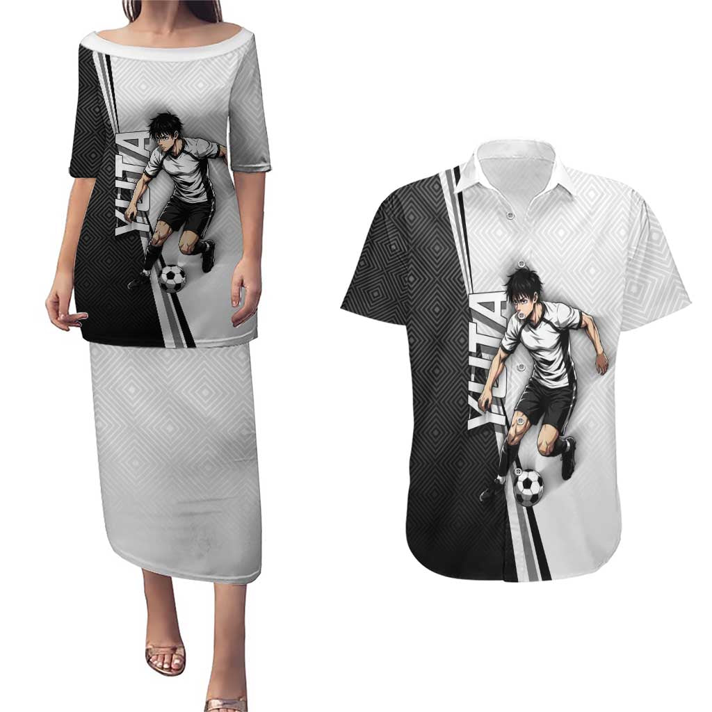 Personalized Okkotsu Yuta Jujutsu Kaisen Soccer Couples Matching Puletasi and Hawaiian Shirt with Dribbling Action Pose and Monochrome Geometric Graphic Design - The Mazicc