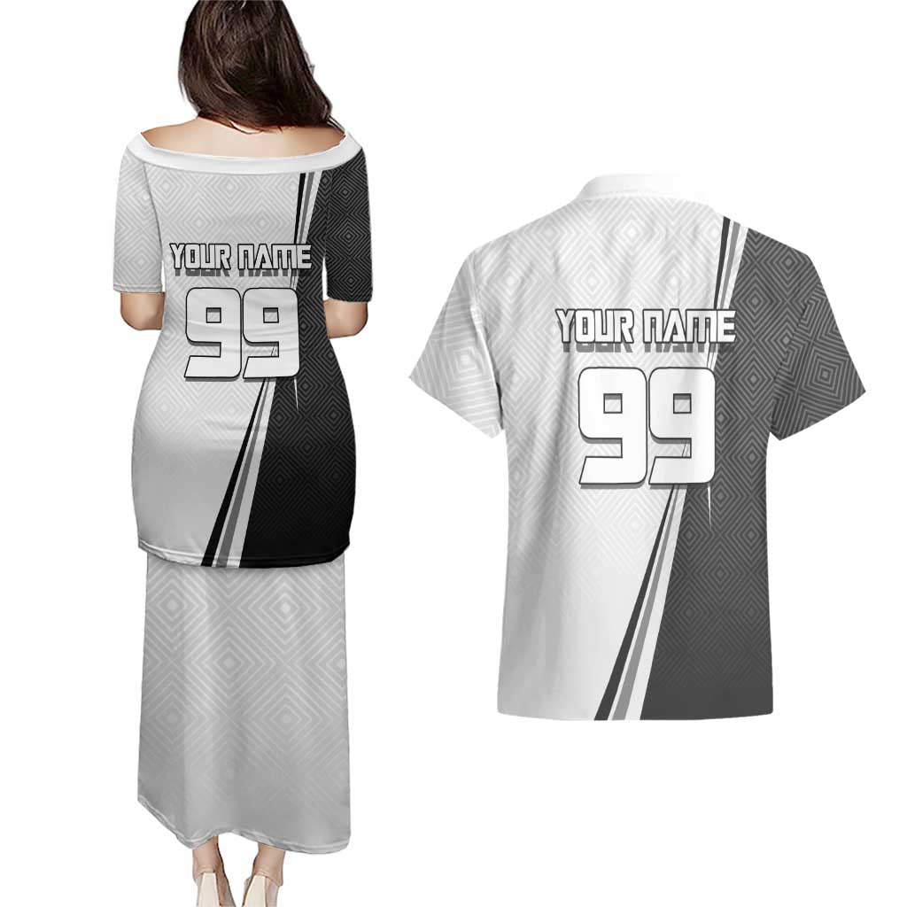 Personalized Okkotsu Yuta Jujutsu Kaisen Soccer Couples Matching Puletasi and Hawaiian Shirt with Dribbling Action Pose and Monochrome Geometric Graphic Design - The Mazicc