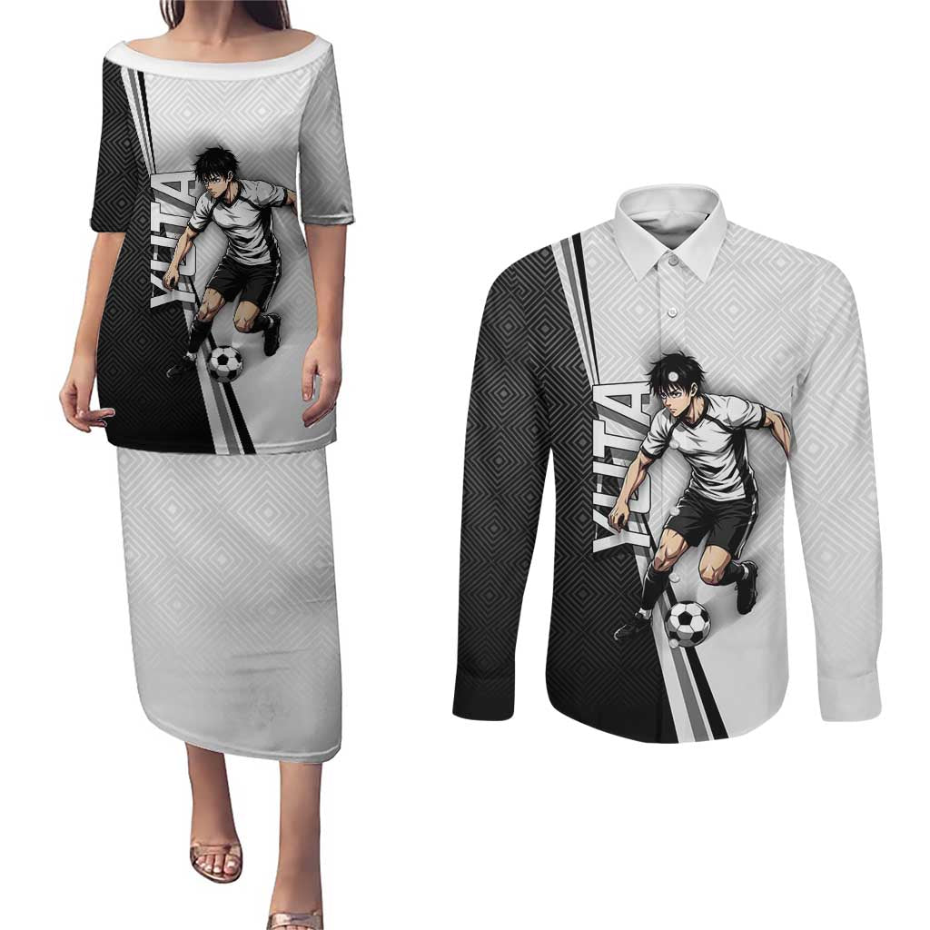Personalized Okkotsu Yuta Jujutsu Kaisen Soccer Couples Matching Puletasi and Long Sleeve Button Shirt with Dribbling Action Pose and Monochrome Geometric Graphic Design - The Mazicc