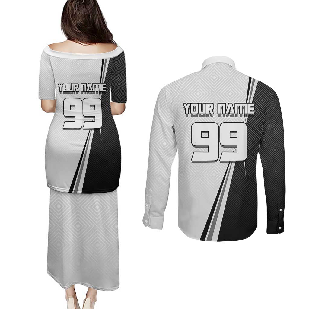 Personalized Okkotsu Yuta Jujutsu Kaisen Soccer Couples Matching Puletasi and Long Sleeve Button Shirt with Dribbling Action Pose and Monochrome Geometric Graphic Design - The Mazicc