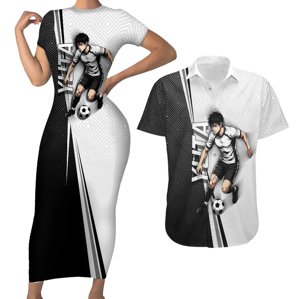 Personalized Okkotsu Yuta Jujutsu Kaisen Soccer Couples Matching Short Sleeve Bodycon Dress and Hawaiian Shirt with Dribbling Action Pose and Monochrome Geometric Graphic Design - The Mazicc