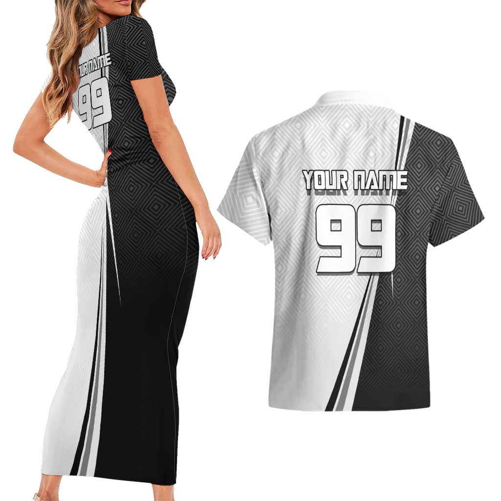 Personalized Okkotsu Yuta Jujutsu Kaisen Soccer Couples Matching Short Sleeve Bodycon Dress and Hawaiian Shirt with Dribbling Action Pose and Monochrome Geometric Graphic Design - The Mazicc