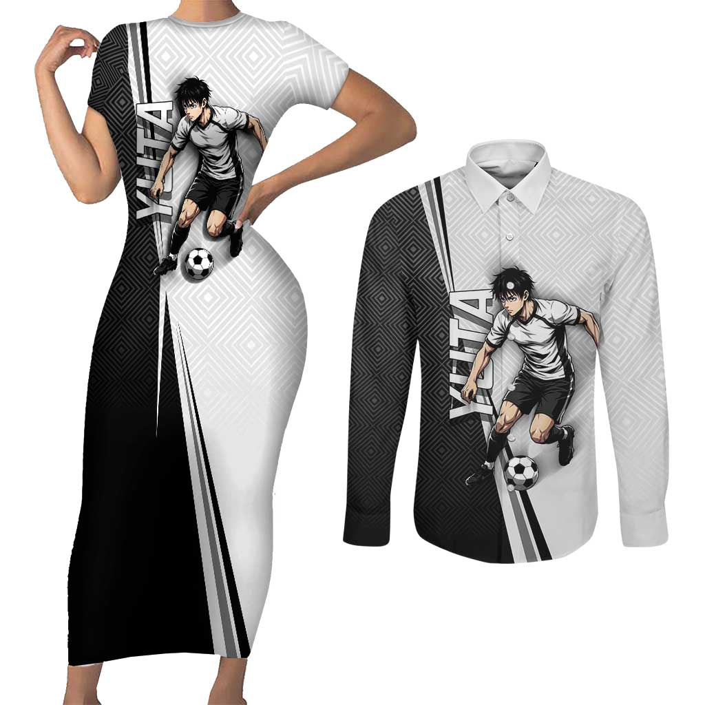 Personalized Okkotsu Yuta Jujutsu Kaisen Soccer Couples Matching Short Sleeve Bodycon Dress and Long Sleeve Button Shirt with Dribbling Action Pose and Monochrome Geometric Graphic Design - The Mazicc