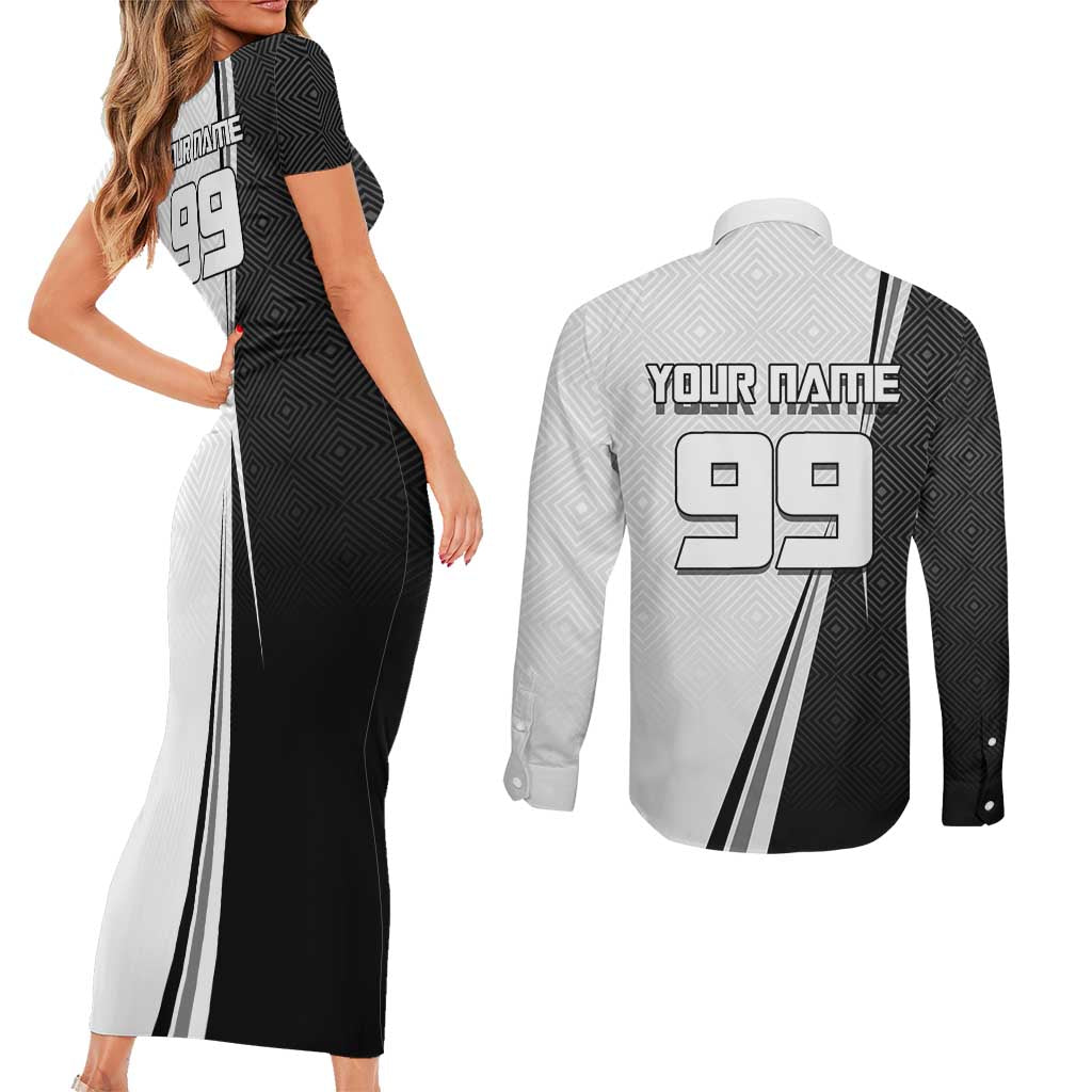 Personalized Okkotsu Yuta Jujutsu Kaisen Soccer Couples Matching Short Sleeve Bodycon Dress and Long Sleeve Button Shirt with Dribbling Action Pose and Monochrome Geometric Graphic Design - The Mazicc