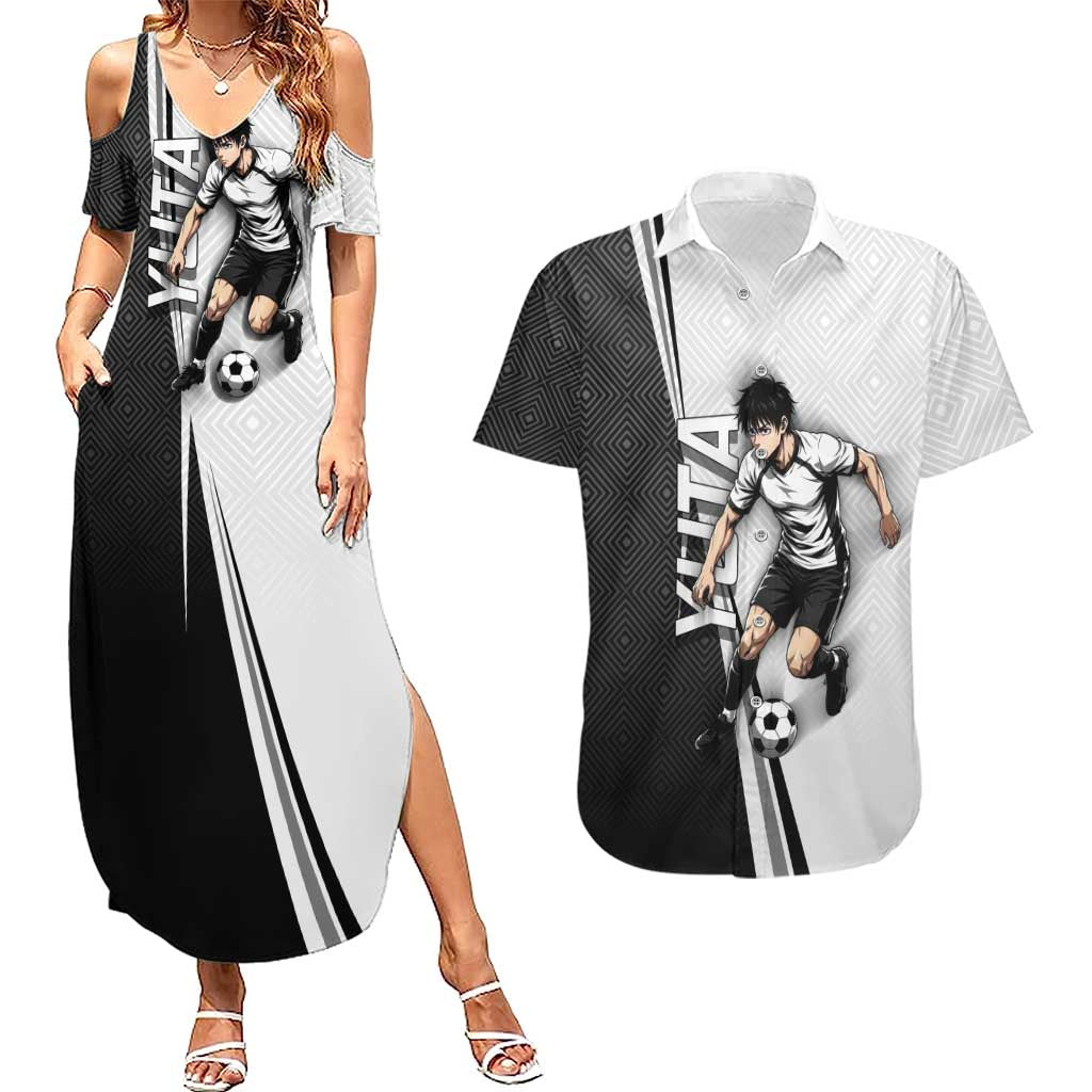 Personalized Okkotsu Yuta Jujutsu Kaisen Soccer Couples Matching Summer Maxi Dress and Hawaiian Shirt with Dribbling Action Pose and Monochrome Geometric Graphic Design - The Mazicc