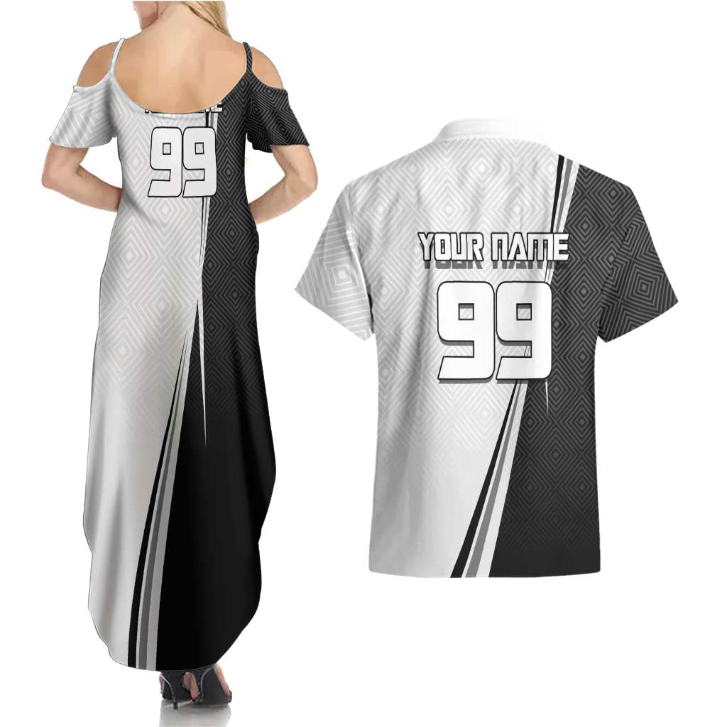 Personalized Okkotsu Yuta Jujutsu Kaisen Soccer Couples Matching Summer Maxi Dress and Hawaiian Shirt with Dribbling Action Pose and Monochrome Geometric Graphic Design - The Mazicc
