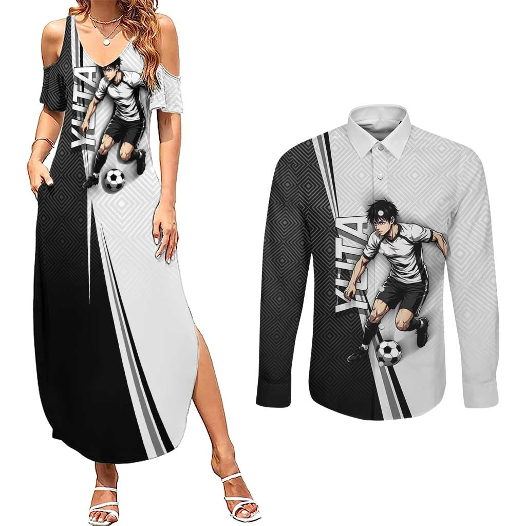 Personalized Okkotsu Yuta Jujutsu Kaisen Soccer Couples Matching Summer Maxi Dress and Long Sleeve Button Shirt with Dribbling Action Pose and Monochrome Geometric Graphic Design - The Mazicc