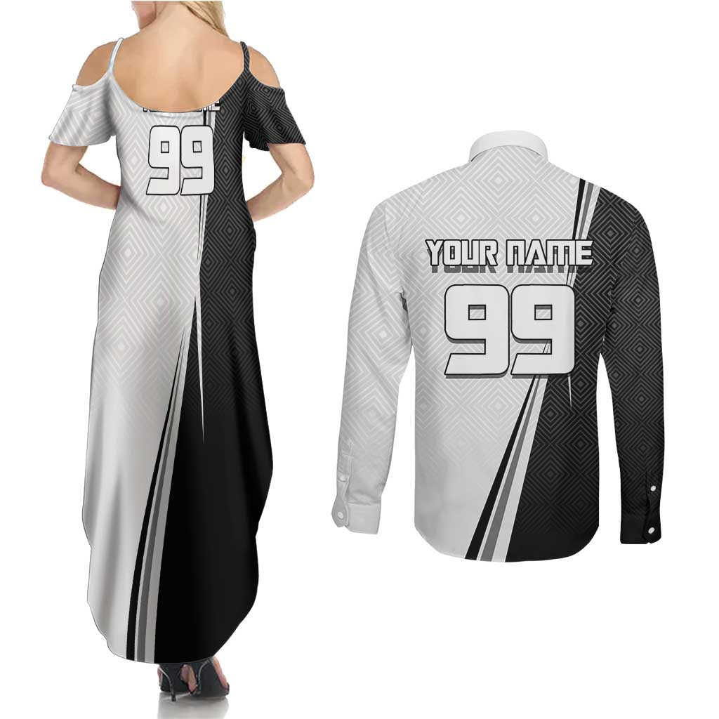 Personalized Okkotsu Yuta Jujutsu Kaisen Soccer Couples Matching Summer Maxi Dress and Long Sleeve Button Shirt with Dribbling Action Pose and Monochrome Geometric Graphic Design - The Mazicc