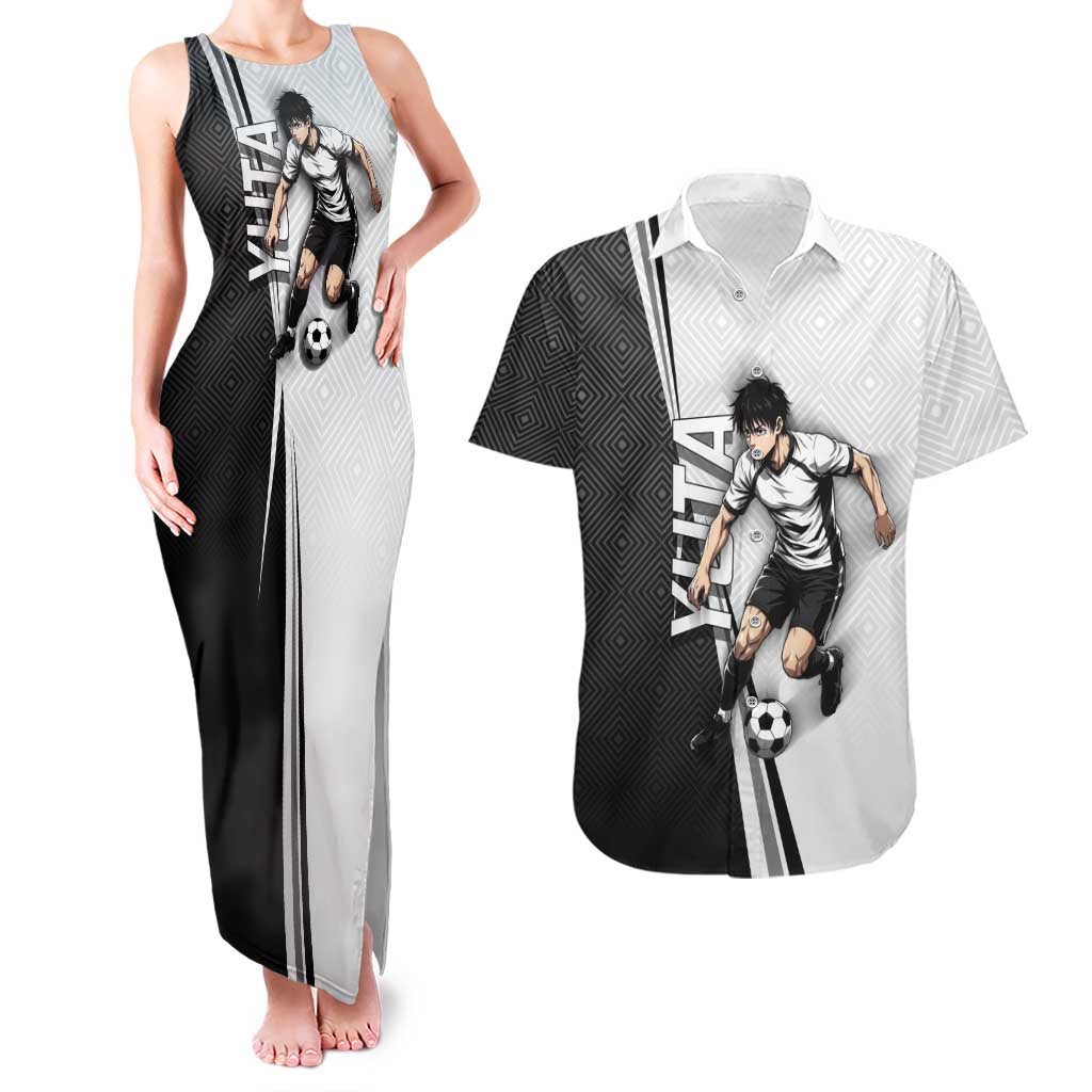 Personalized Okkotsu Yuta Jujutsu Kaisen Soccer Couples Matching Tank Maxi Dress and Hawaiian Shirt with Dribbling Action Pose and Monochrome Geometric Graphic Design - The Mazicc