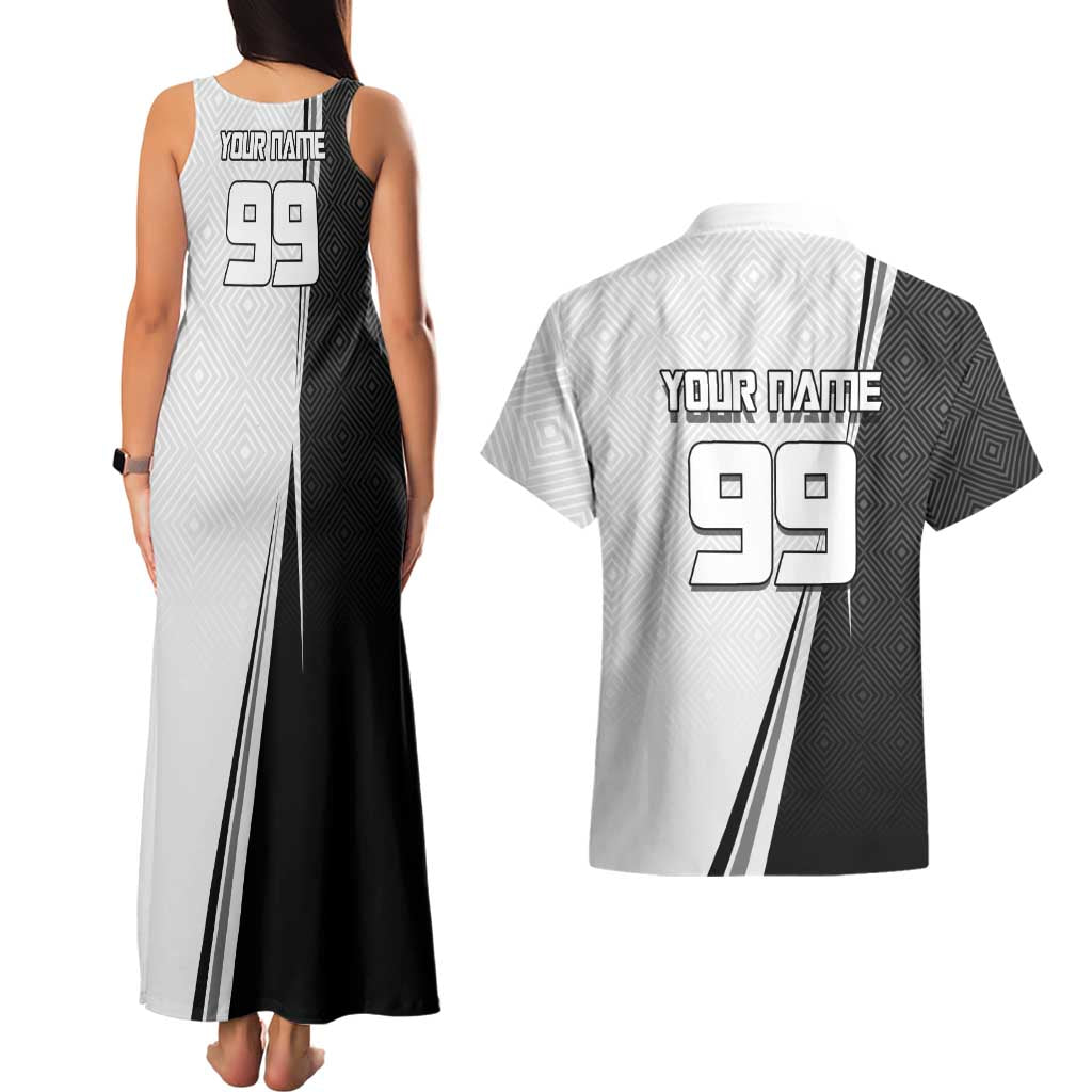 Personalized Okkotsu Yuta Jujutsu Kaisen Soccer Couples Matching Tank Maxi Dress and Hawaiian Shirt with Dribbling Action Pose and Monochrome Geometric Graphic Design - The Mazicc