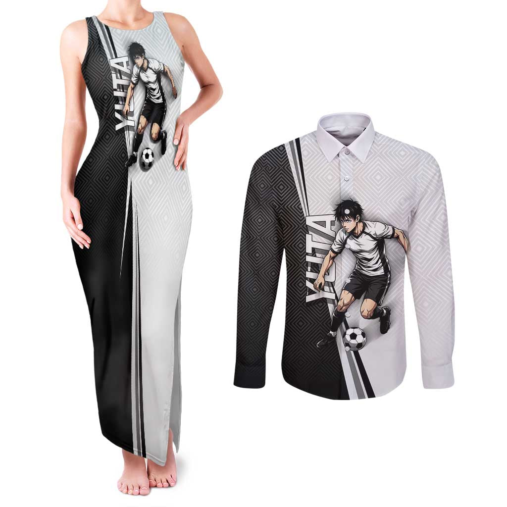 Personalized Okkotsu Yuta Jujutsu Kaisen Soccer Couples Matching Tank Maxi Dress and Long Sleeve Button Shirt with Dribbling Action Pose and Monochrome Geometric Graphic Design - The Mazicc