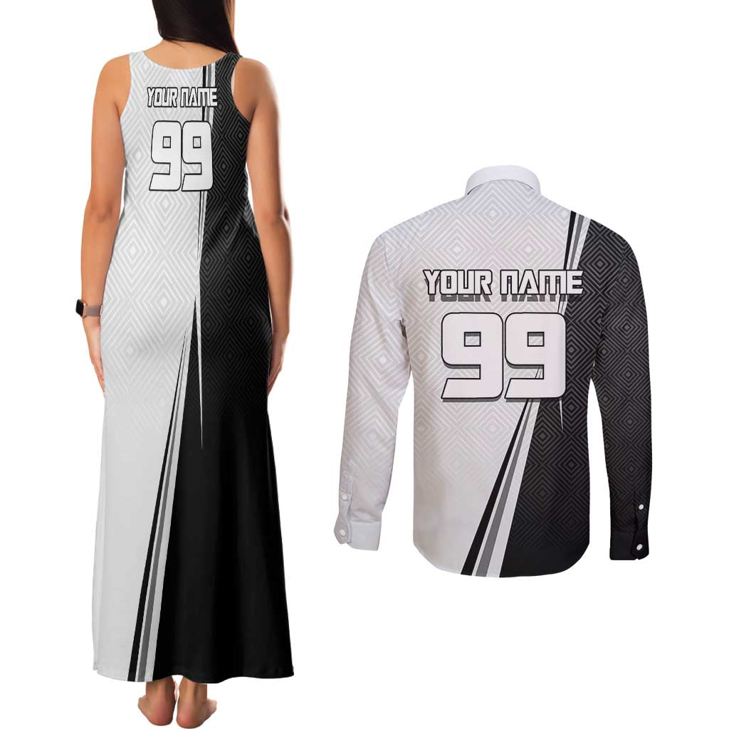 Personalized Okkotsu Yuta Jujutsu Kaisen Soccer Couples Matching Tank Maxi Dress and Long Sleeve Button Shirt with Dribbling Action Pose and Monochrome Geometric Graphic Design - The Mazicc