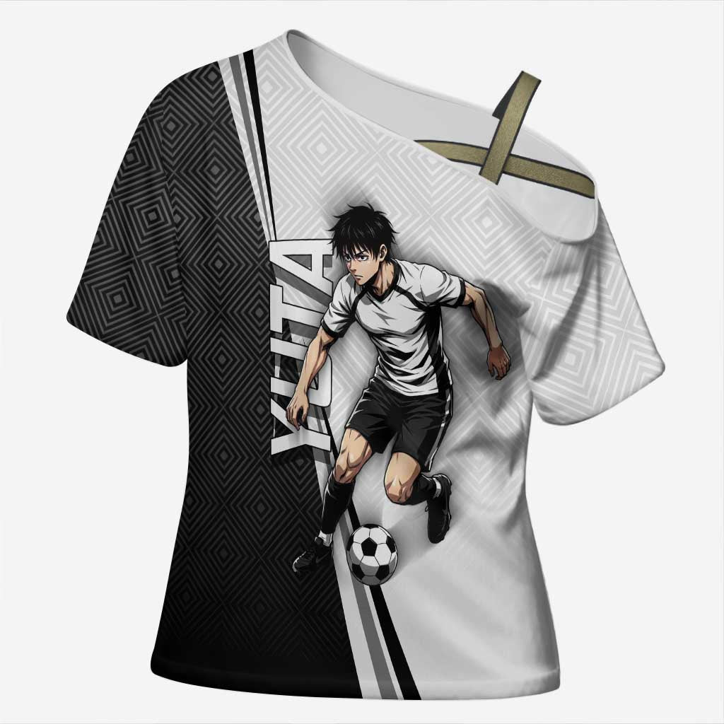 Personalized Okkotsu Yuta Jujutsu Kaisen Soccer Cross Shoulder Shirt with Dribbling Action Pose and Monochrome Geometric Graphic Design - The Mazicc