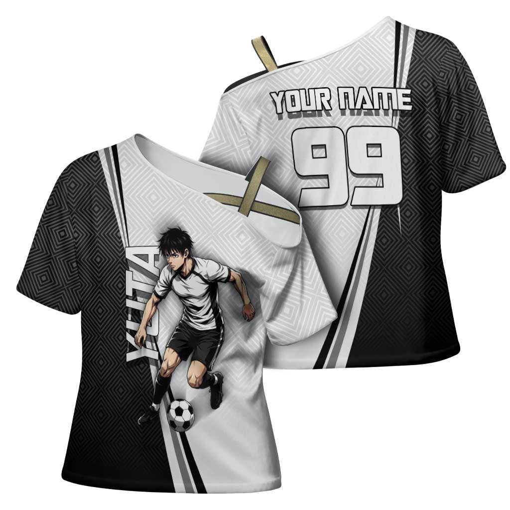 Personalized Okkotsu Yuta Jujutsu Kaisen Soccer Cross Shoulder Shirt with Dribbling Action Pose and Monochrome Geometric Graphic Design - The Mazicc