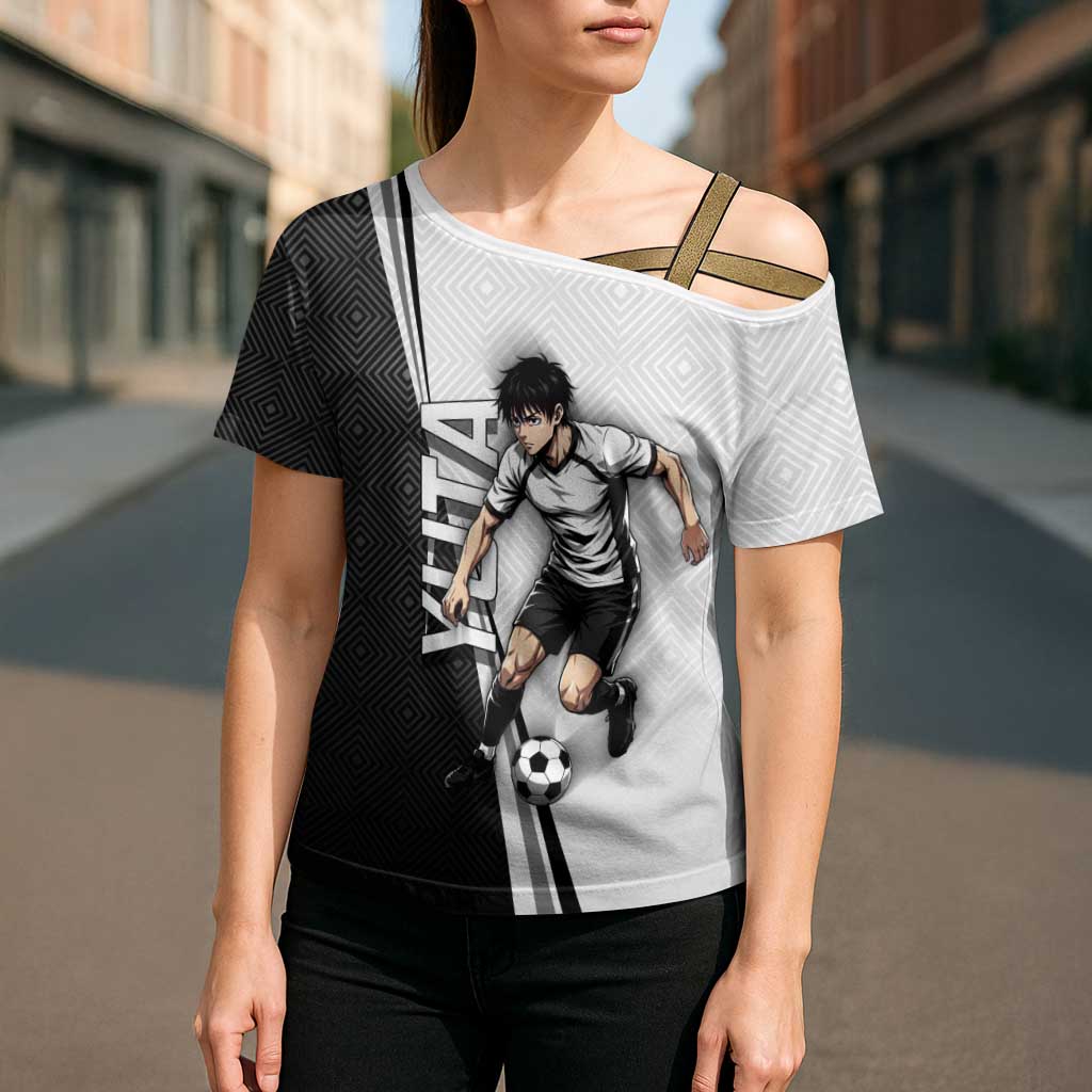 Personalized Okkotsu Yuta Jujutsu Kaisen Soccer Cross Shoulder Shirt with Dribbling Action Pose and Monochrome Geometric Graphic Design - The Mazicc