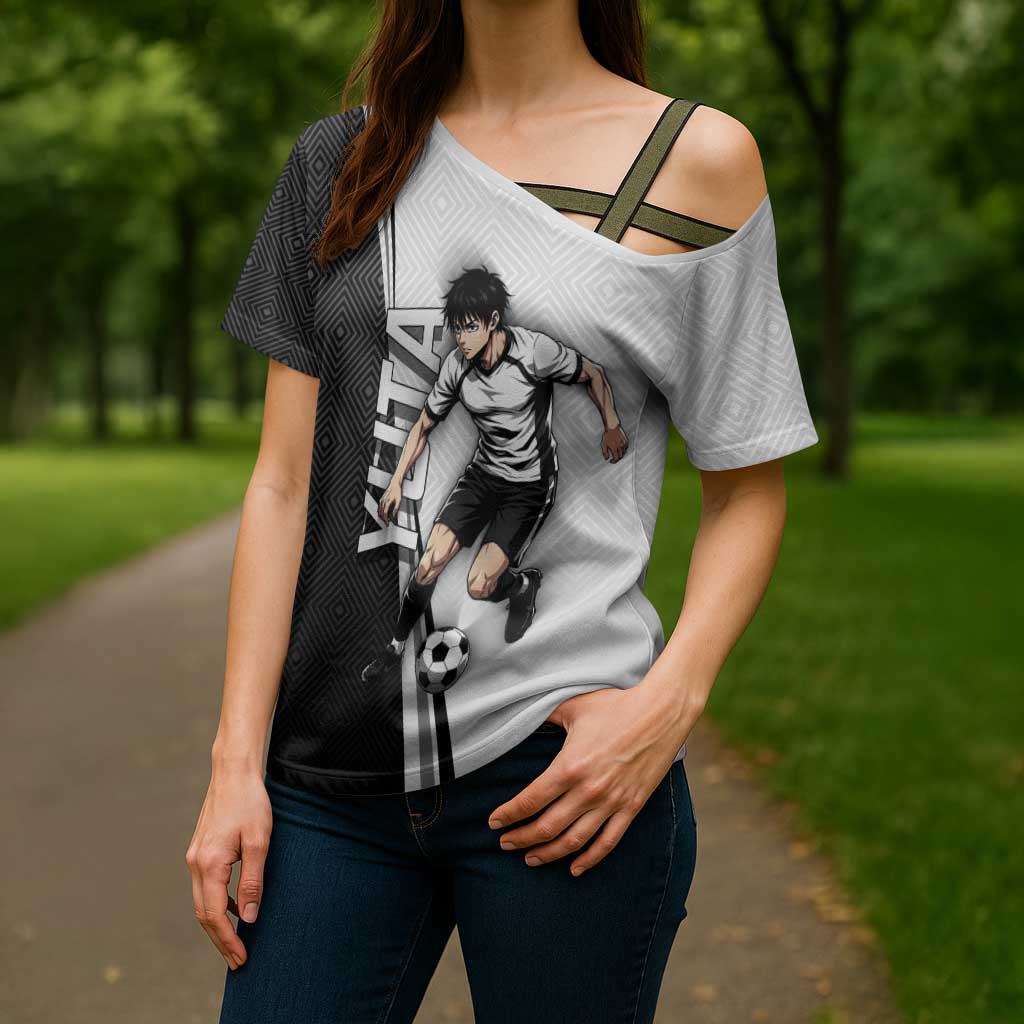 Personalized Okkotsu Yuta Jujutsu Kaisen Soccer Cross Shoulder Shirt with Dribbling Action Pose and Monochrome Geometric Graphic Design - The Mazicc