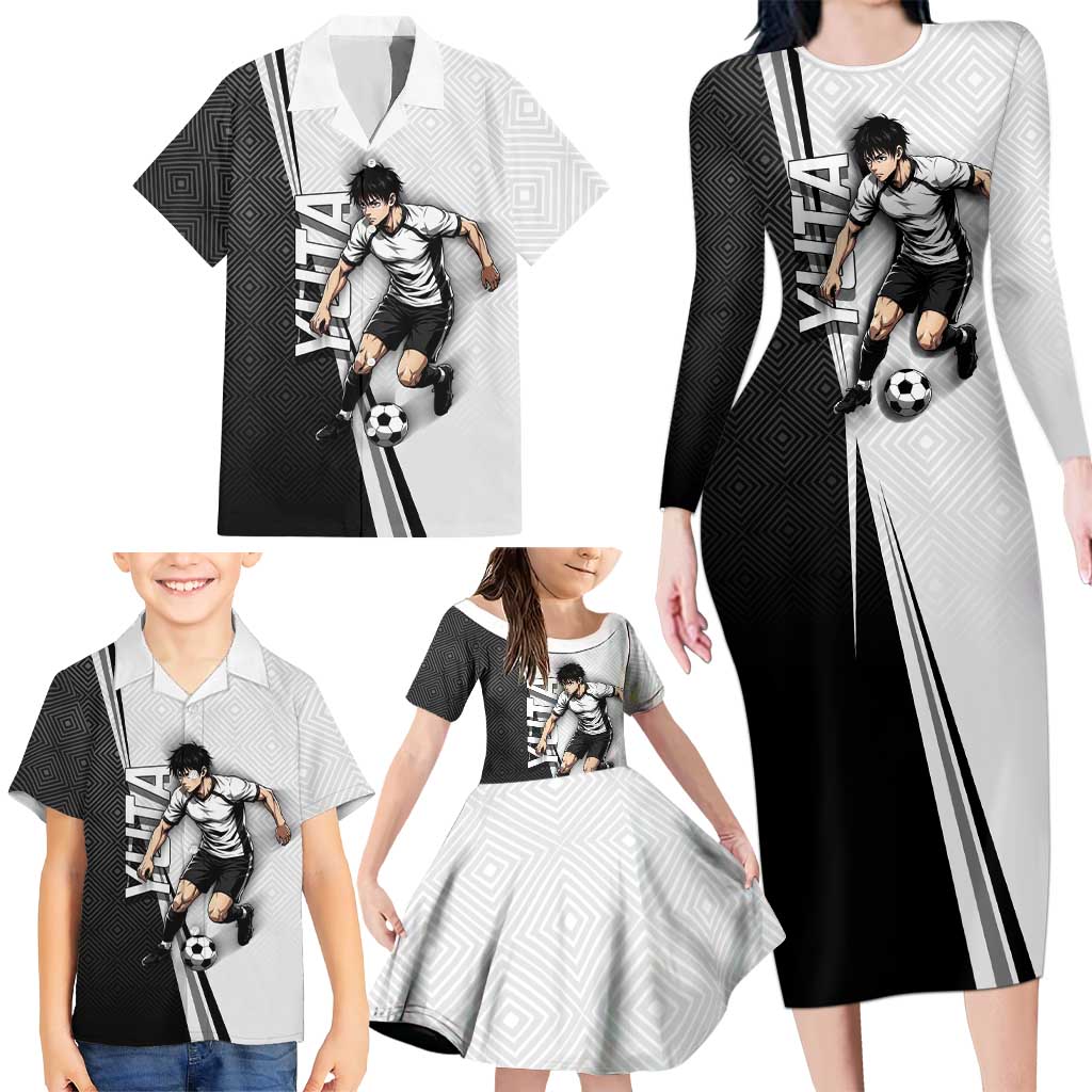 Personalized Okkotsu Yuta Jujutsu Kaisen Soccer Family Matching Long Sleeve Bodycon Dress and Hawaiian Shirt with Dribbling Action Pose and Monochrome Geometric Graphic Design