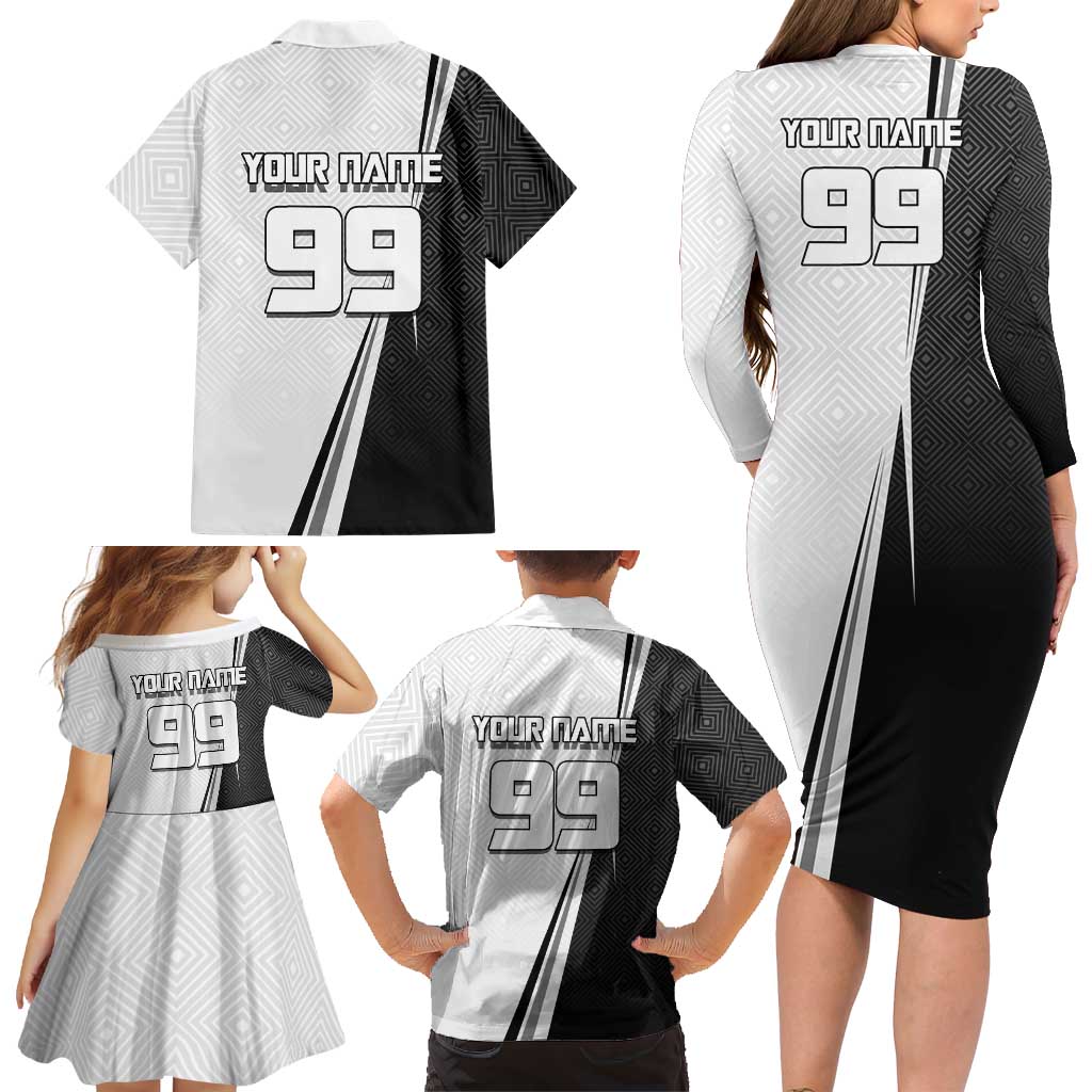Personalized Okkotsu Yuta Jujutsu Kaisen Soccer Family Matching Long Sleeve Bodycon Dress and Hawaiian Shirt with Dribbling Action Pose and Monochrome Geometric Graphic Design