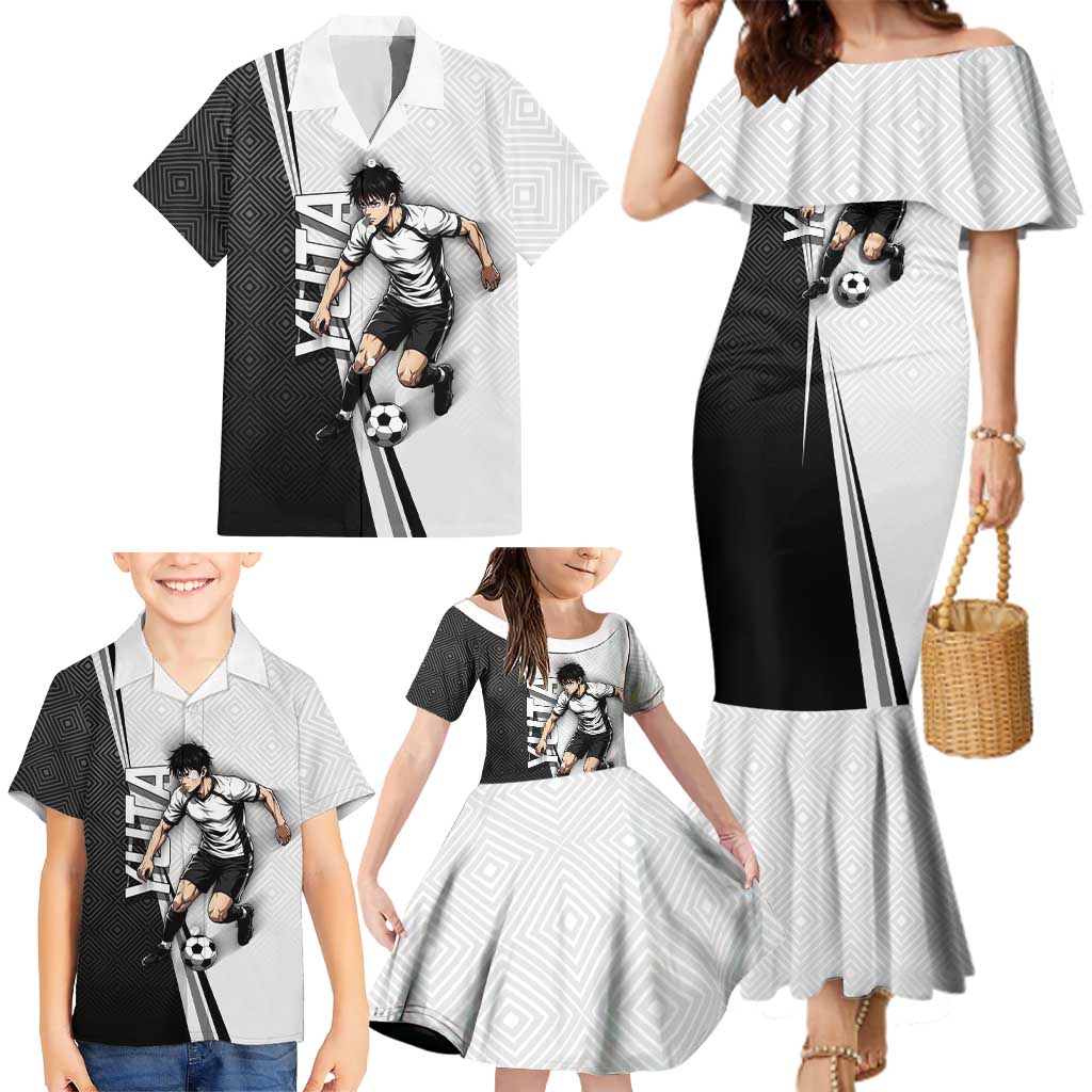Personalized Okkotsu Yuta Jujutsu Kaisen Soccer Family Matching Mermaid Dress and Hawaiian Shirt with Dribbling Action Pose and Monochrome Geometric Graphic Design