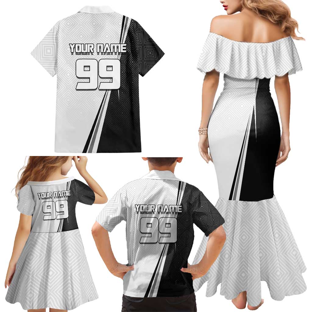 Personalized Okkotsu Yuta Jujutsu Kaisen Soccer Family Matching Mermaid Dress and Hawaiian Shirt with Dribbling Action Pose and Monochrome Geometric Graphic Design