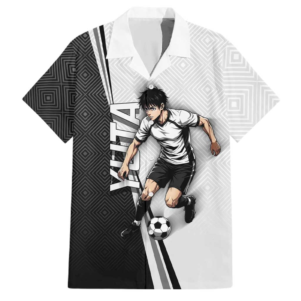 Personalized Okkotsu Yuta Jujutsu Kaisen Soccer Family Matching Mermaid Dress and Hawaiian Shirt with Dribbling Action Pose and Monochrome Geometric Graphic Design