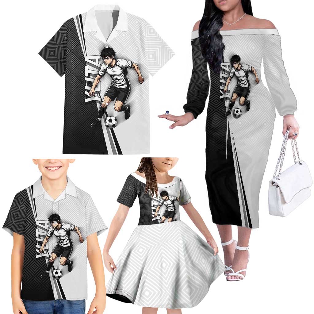 Personalized Okkotsu Yuta Jujutsu Kaisen Soccer Family Matching Off The Shoulder Long Sleeve Dress and Hawaiian Shirt with Dribbling Action Pose and Monochrome Geometric Graphic Design