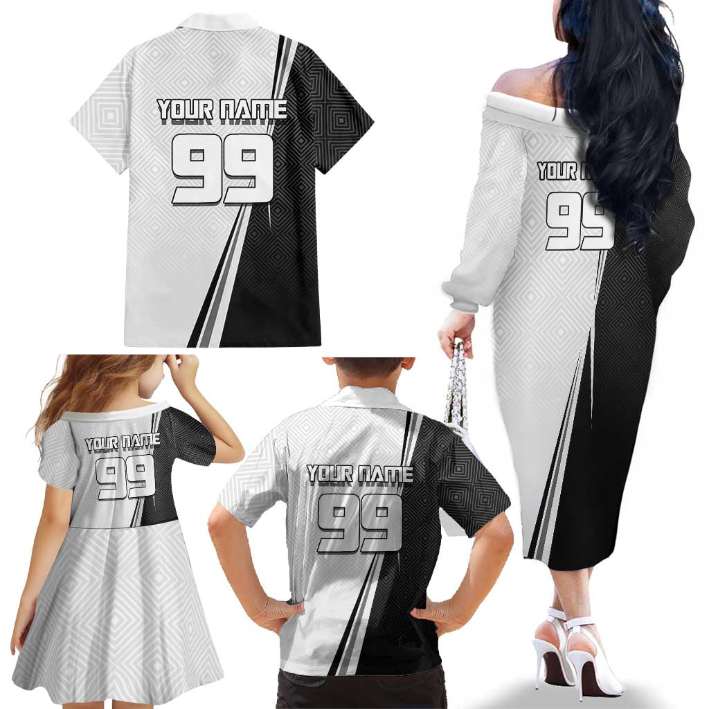 Personalized Okkotsu Yuta Jujutsu Kaisen Soccer Family Matching Off The Shoulder Long Sleeve Dress and Hawaiian Shirt with Dribbling Action Pose and Monochrome Geometric Graphic Design