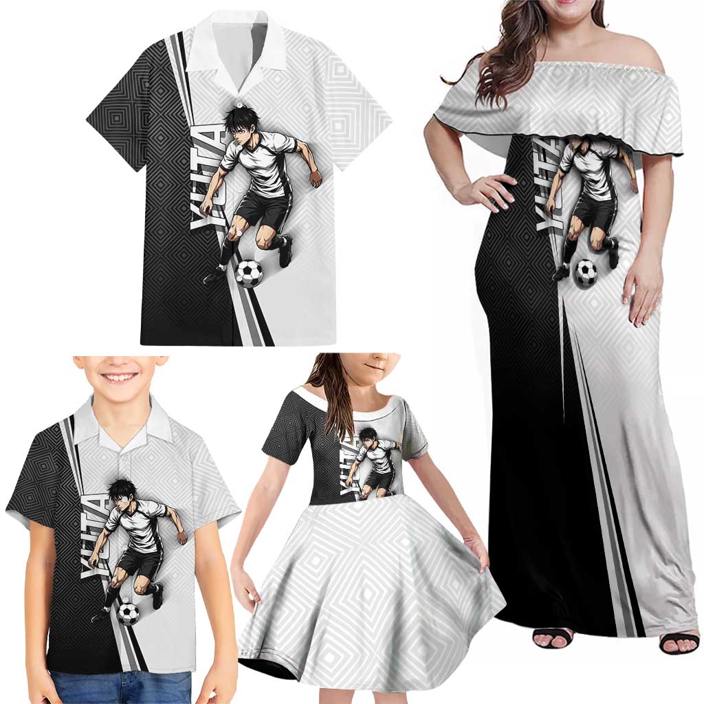Personalized Okkotsu Yuta Jujutsu Kaisen Soccer Family Matching Off Shoulder Maxi Dress and Hawaiian Shirt with Dribbling Action Pose and Monochrome Geometric Graphic Design