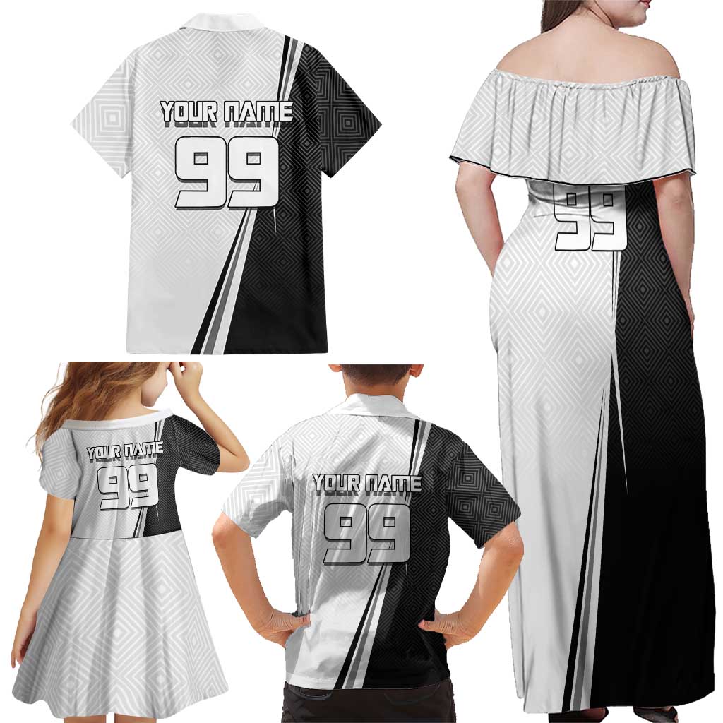 Personalized Okkotsu Yuta Jujutsu Kaisen Soccer Family Matching Off Shoulder Maxi Dress and Hawaiian Shirt with Dribbling Action Pose and Monochrome Geometric Graphic Design