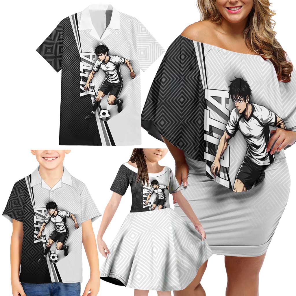 Personalized Okkotsu Yuta Jujutsu Kaisen Soccer Family Matching Off Shoulder Short Dress and Hawaiian Shirt with Dribbling Action Pose and Monochrome Geometric Graphic Design