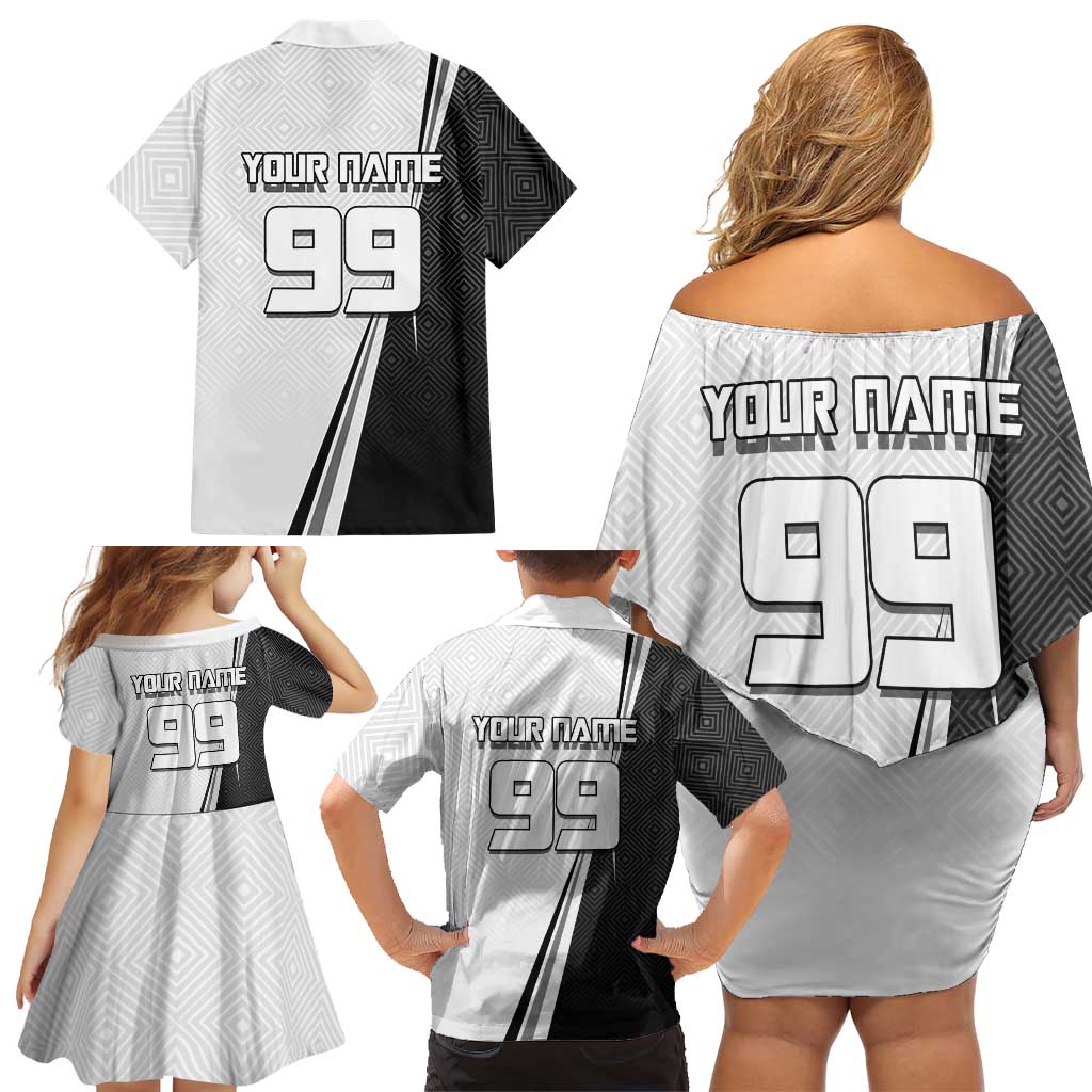 Personalized Okkotsu Yuta Jujutsu Kaisen Soccer Family Matching Off Shoulder Short Dress and Hawaiian Shirt with Dribbling Action Pose and Monochrome Geometric Graphic Design
