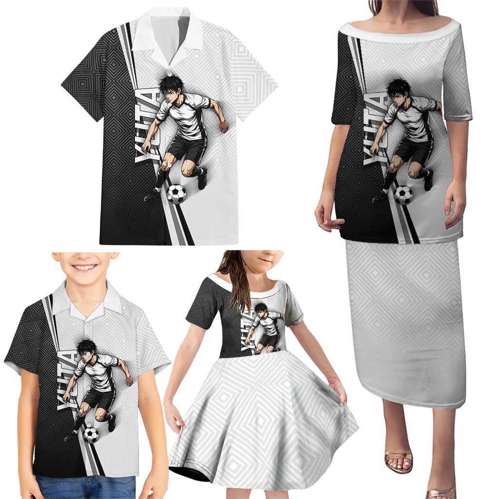 Personalized Okkotsu Yuta Jujutsu Kaisen Soccer Family Matching Puletasi and Hawaiian Shirt with Dribbling Action Pose and Monochrome Geometric Graphic Design