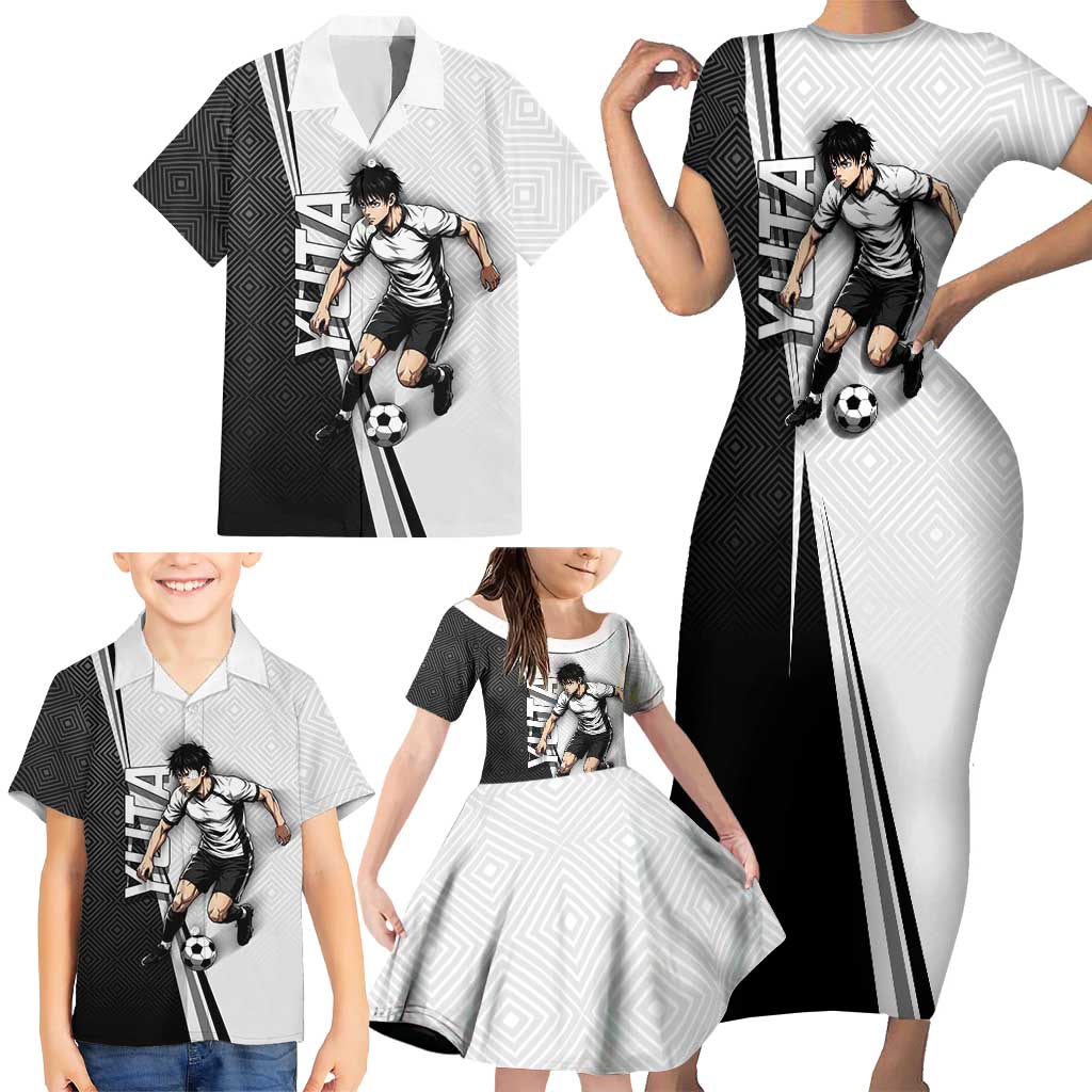 Personalized Okkotsu Yuta Jujutsu Kaisen Soccer Family Matching Short Sleeve Bodycon Dress and Hawaiian Shirt with Dribbling Action Pose and Monochrome Geometric Graphic Design