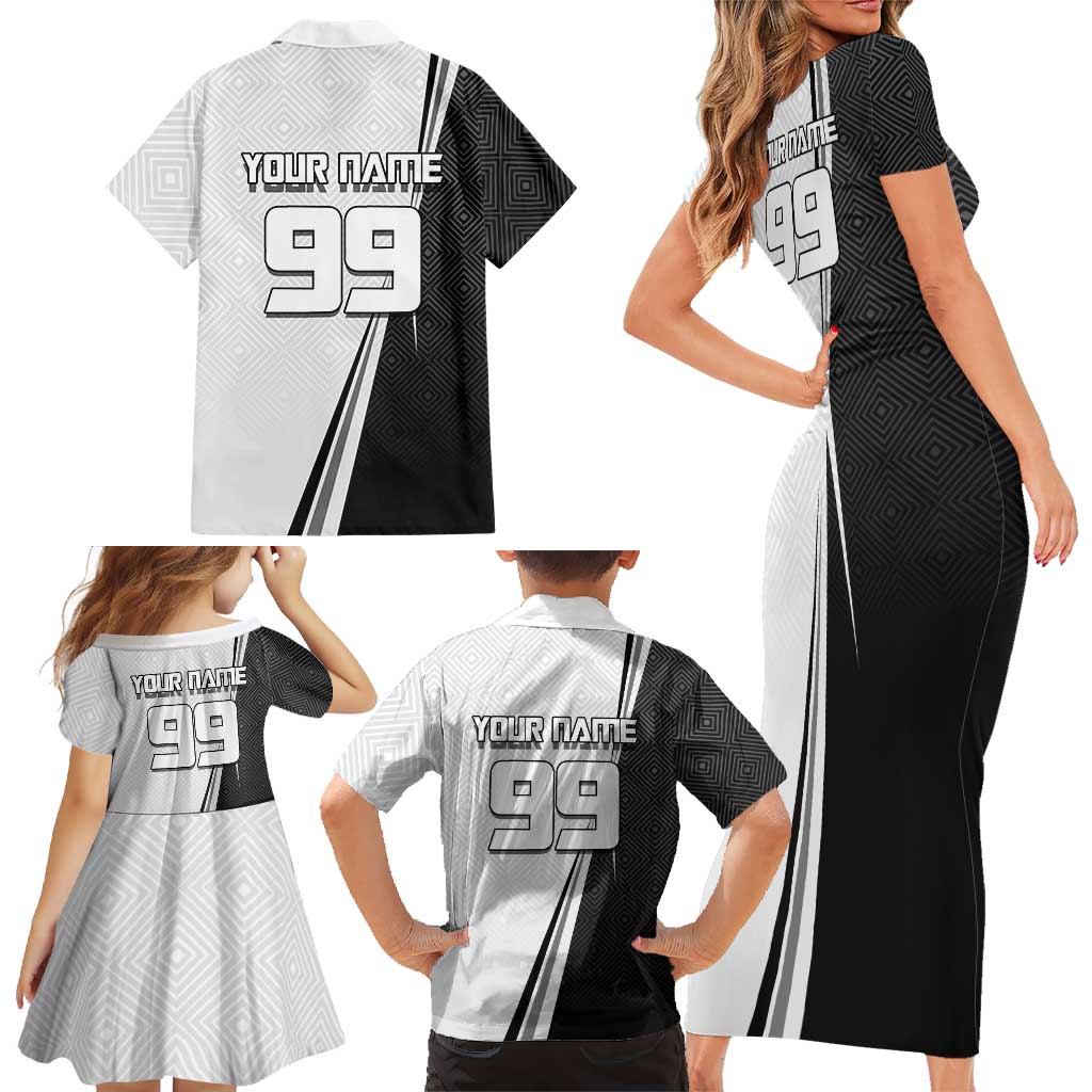 Personalized Okkotsu Yuta Jujutsu Kaisen Soccer Family Matching Short Sleeve Bodycon Dress and Hawaiian Shirt with Dribbling Action Pose and Monochrome Geometric Graphic Design