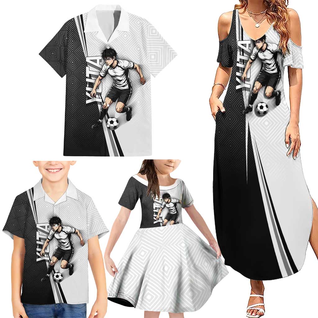 Personalized Okkotsu Yuta Jujutsu Kaisen Soccer Family Matching Summer Maxi Dress and Hawaiian Shirt with Dribbling Action Pose and Monochrome Geometric Graphic Design
