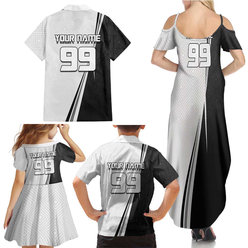 Personalized Okkotsu Yuta Jujutsu Kaisen Soccer Family Matching Summer Maxi Dress and Hawaiian Shirt with Dribbling Action Pose and Monochrome Geometric Graphic Design